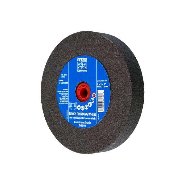 Pferd 6" x 1" Vitrified Bench Wheel - 1" A.H., Aluminum Oxide, 60 Grit 61746